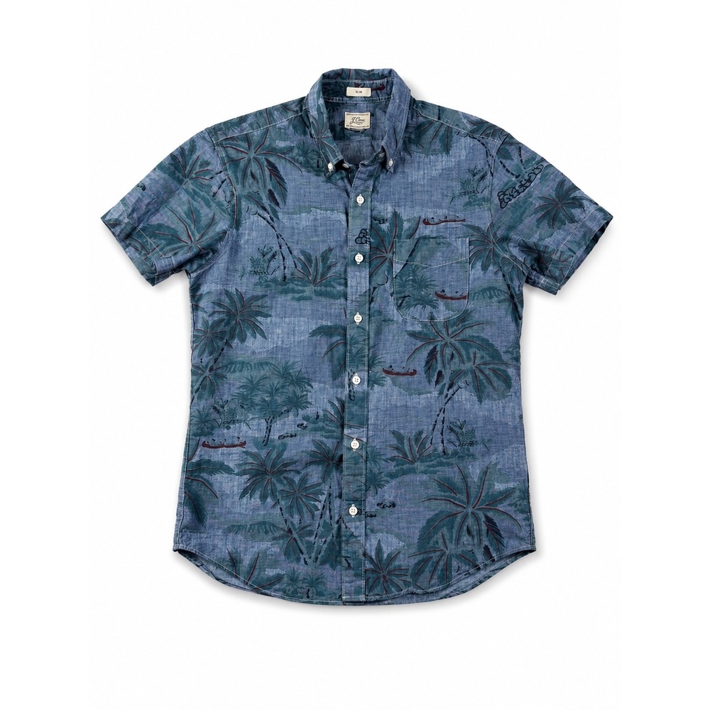 J. Crew Mens Slim Fit Tropical Palm Tree Print Short Sleeve Button Down Shirt M